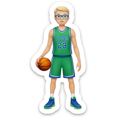 full body white male basketball wearing glasses in blue an green uniform sticker