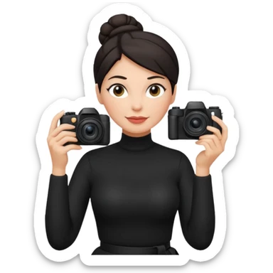 48 year old woman photographer with dark hair in a bun, wearing black clothes sticker
