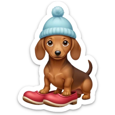 Small and tiny dachshund in cozy shoes and little pretty hat. sticker