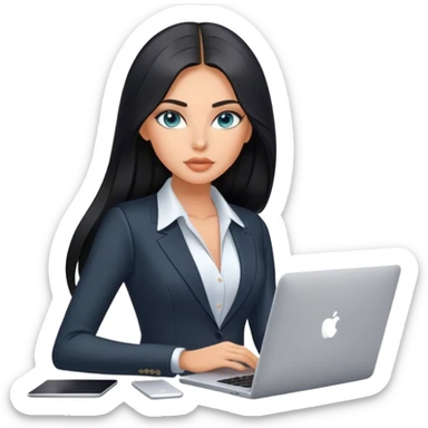 Glamours tanned very beautiful girl with pump peach nude lips and black straight smooth long hair, blue-grey eyes in beautiful black vest from the suit with MacBook sticker