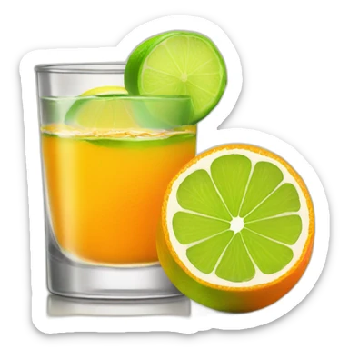 A single orange tequila shot with slice of green lemon piece sticker