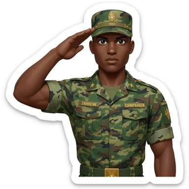 I need a black male military he has to have a military cap on more like campaign covers used by drill, instructors or state police officers make soldier well built with muscle muscles soldier and camouflage green uniform saluting sticker