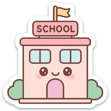 school building, kawaii chibi anime style, flat pastel colors, thick outlines, simple cute features sticker