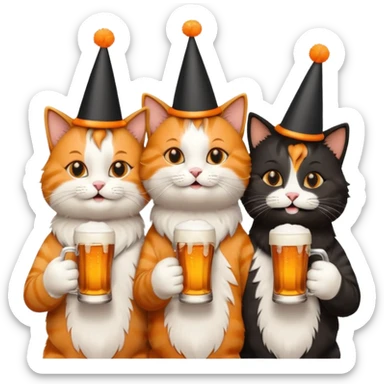 four happy cats drinking beers together with frothy beer glasses sticker