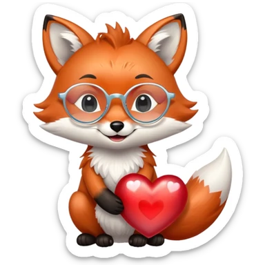 A dreamy fox with iridescent fur, a glowing tail, a silver star on its forehead, and round glasses, hugging a big red heart and smiling warmly. 🦊❤️ sticker