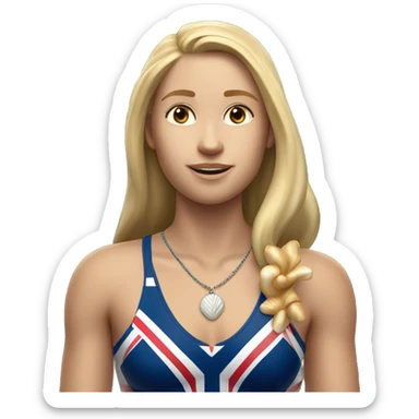 A girl with long blonde hair with wide shoulders wearing a Great Britain rowing swimming suit and has small muscles and add a necklace that has a sea shell pendant on it. She must have a  necklace around the neck and the pendant is on her chest sticker