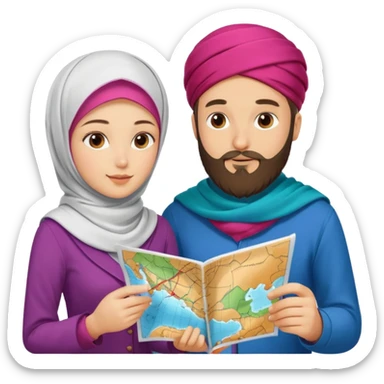 Russian man and elegant turkish girl in cute outfits with a map planning  sticker