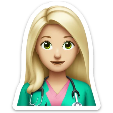 pale blonde girl with long hair and green eyes wearing pink scrubs and stethoscope  sticker