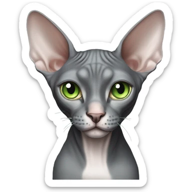 Dark grey sphynx cat with light green eyes and white nose sticker