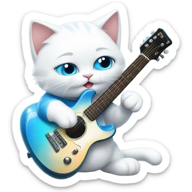 white cat playing a blue rock guitar  sticker
