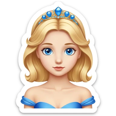 Cinematic Realistic Comical Cinderella Portrait, with every detail rendered realistically—from the soft, smooth texture of her fair skin to her artfully styled golden-blonde hair. Her bright blue eyes are wide with playful disbelief, and her expression carries a touch of whimsical humor while retaining elegant poise. Her classic ball gown, detailed with rich fabric textures and natural shadows, catches the light in a way that blends refined beauty with a hint of cheeky mischief, creating a striking, lifelike portrayal. sticker