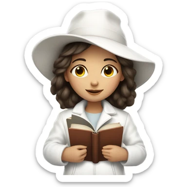 brunette girl in a white jacket in a white hat hugs a book sticker