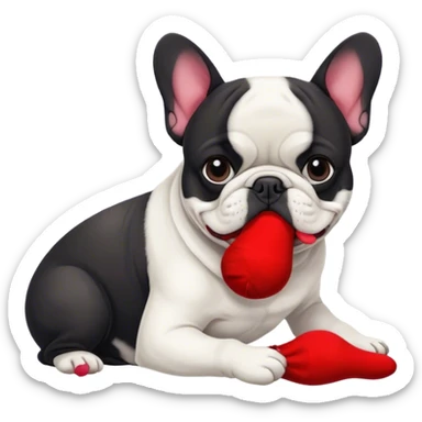 Black and white Bouledogue français eating a red sock  sticker