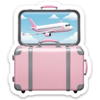 White suitcase with pastel pink handle, placed near airplane window, soft light sticker