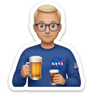 happy chubby man, drinks a beer,  blond short and hight receding hairline, wearing a dark blue sweatshirt, nasa logo on the sweatshirt, round glasses without frame, 40 years old sticker