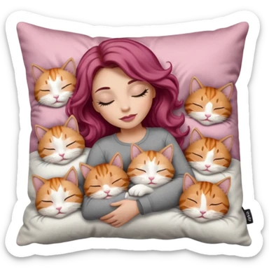 girl with long wavy brown hair, long lashes makeup, sexy pink lips, light to medium complexion,  sleeping on a cozy pillow, with 6 cats: 1 ginger/white, 1 grey with white paws, 1 calico, 2 grey and white and one tabby and white sticker