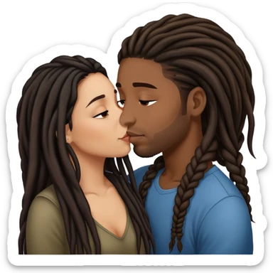 Latina Woman with long hair kissing a young black guy with dreads no beard sticker