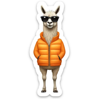 llama wearing an orange puffer vest and sun glasses full body sticker