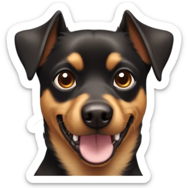 black brown mutt dog with mostly small german shephard head but with larger chihuahua eyes and large overbite with her left upper sharp canine tooth a bit crooked and sticking out mouth sticker