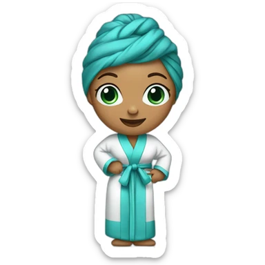 Woman in full body pinstripe bathrobe with turquoise turban sticker
