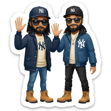 African American man with shoulder length black dreadlocks with black beard wearing black sunglasses wearing a New York Yankees logo baseball cap wearing a black bubble winter coat wearing denim skinny jeans and Timberland boots hand giving someone a high five handshake sticker