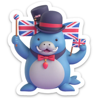 British manatee wearing a bowler hat and monocle, holding a Union Jack flag, 3D emoji style sticker