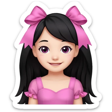 A cute girl, long black hair with 🎀, black eyes, wearing a pink dress  sticker