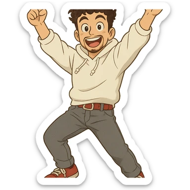 1 male, mid fade haircut dark chestnut brown curly hair, toasted lightskin, white hoodie sleeves up, gray fashion jeans, red fashion-sneakers shoes, red belt, short trimmed beard and goatee,  style of deku from "my hero academia",  doing a pose for a "happy" emote for twitch sticker