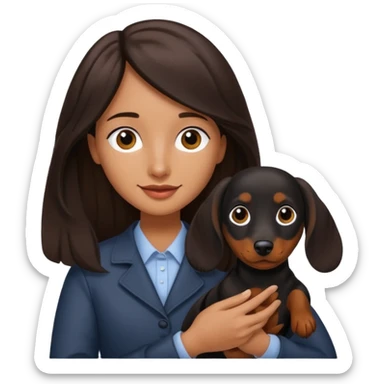 A dark brown long haired a lil bit wavy hair holding a daschund dog black sticker