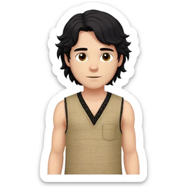 medieval summer outfit worn by a DnD themed fantasy male character. basic sleeveless hemp tunic with a reinforced collar and a crude stitch pattern. clothes only above the waist. The clothes full waist. The character's haven't arms. character is white-skinned, jet black hair, brown eyes, medium-length wavy hair. sticker