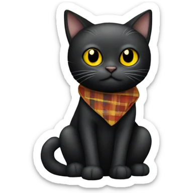 A black cat with yellow eyes is wrapped in a plaid sticker
