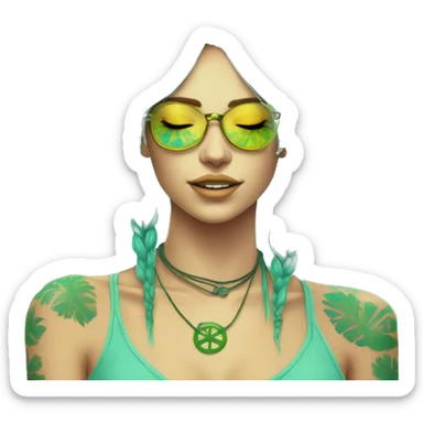 420 Tie dye hippie person flower crown tattoos hemp leaves cyan green yellow caution tape hazard stripes dark colours sticker