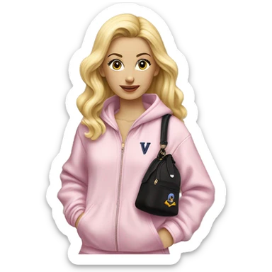 A blonde in a velor tracksuit holds a Louis Viton bag sticker