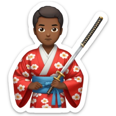Dark and short haired man in kimono with cloud print holding katana sticker
