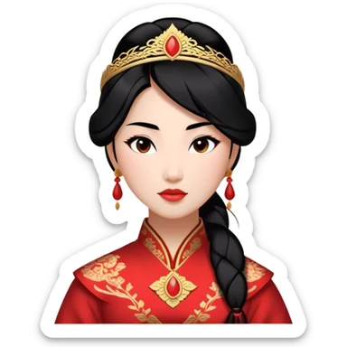Cinematic Majestic Mulan Portrait Emoji, rendered in a clean, vector-style with bold, simplified shapes. Depict Mulan with a serene, noble expression, warm light skin, and neatly styled black hair, dressed in traditional attire featuring subtle red motifs and gold trim. The image glows with a calm, majestic aura, high shine, and a soft glowing outline, embodying classic elegance. sticker