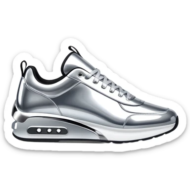 A pair of futuristic sneakers emoji made of silver chrome, sleek streetwear design, smooth metallic panels, subtle reflections, luxury swag aesthetic, iOS emoji style, centered, clean white background sticker
