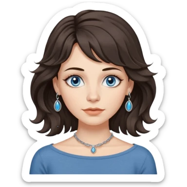 emoji of a woman with long wavy brunette shag haircut, blue-grey eyes, boatneck top, septum piercing sticker