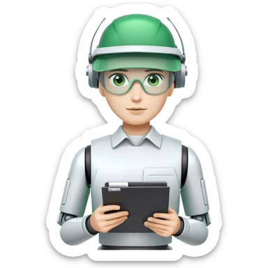 human like robot bookkeeper wearing an Green eyeshade dealer's visor  and holding spreadsheets sticker
