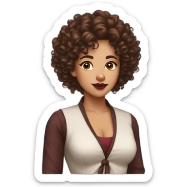 Woman, curly hair, tied up, brown eyes, marsala lipstick, professora sticker