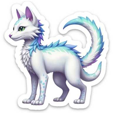 Kawaii white iridescent edgy fantasy feline-vernid-sergal-fursona animal creature with a tufted tail full body with intricate markings  sticker