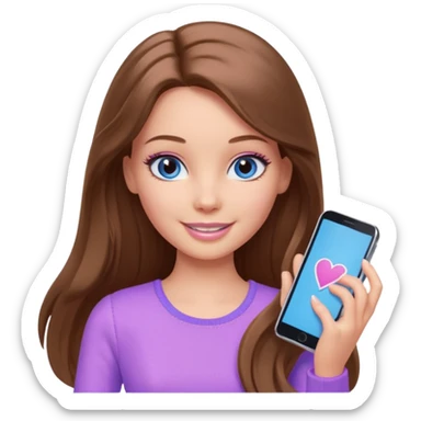 beautiful barbie girl with long brown hair, blue eyes and wearing light purple clothes playing games sticker