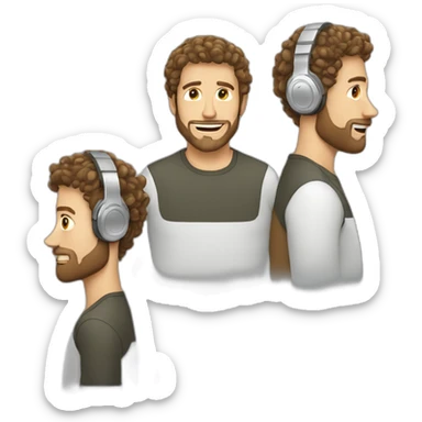 white guy with curly hair brun guy with white headphone and short beard sticker