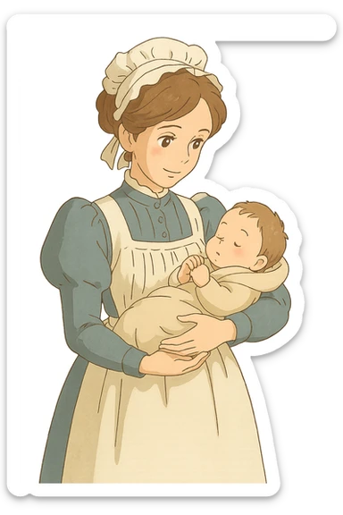 victorian midwife with background holding a baby sticker