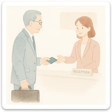 soft watercolor illustration in a minimalist modern style, Japanese older man in a suit arriving at a hotel reception desk, female receptionist asking for his passport, pastel colors, delicate linework, gentle whimsical mood, minimal soft shading sticker