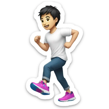 teen guy asian with short black pants, white shirt sarcasm imprint, colorful teel blue and magenta running shoe sticker