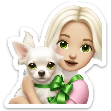 pale blond yt girl with wavy long platinum white hair with bright green eyes holding a white chihuahua puppy that wearing a pink bow sticker