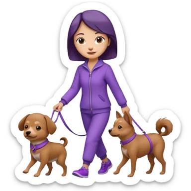 Chinese woman wearing purple outfit walking one small brown dog sticker