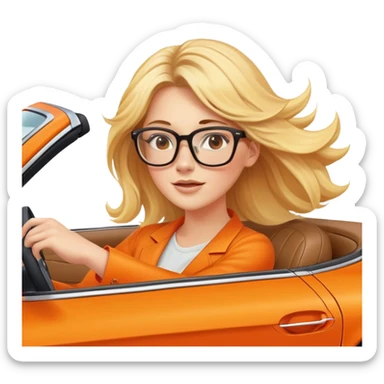 Cinematic realistic blonde with glasses, driving an orange Mercedes car, her hair fluttering slightly in the wind sticker