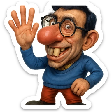 Make this character look like a nerd with an even bigger nose, buck teeth, glasses, and more realistic features. Keep the hand visible. Style should be semi-realistic, nerdy, expressive, with no background. sticker