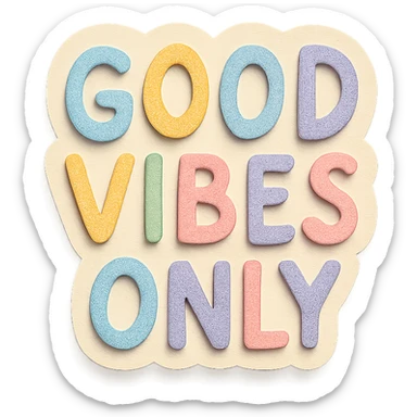 "Good Vibes Only" in rainbow soft pastel hand-drawn lettering, cute kawaii sticker style, soft shadows, isolated on transparent background sticker
